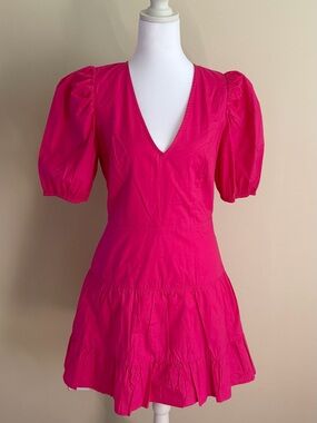 French Connection Hot Pink V-Neck Puff Sleeve Mini Dress